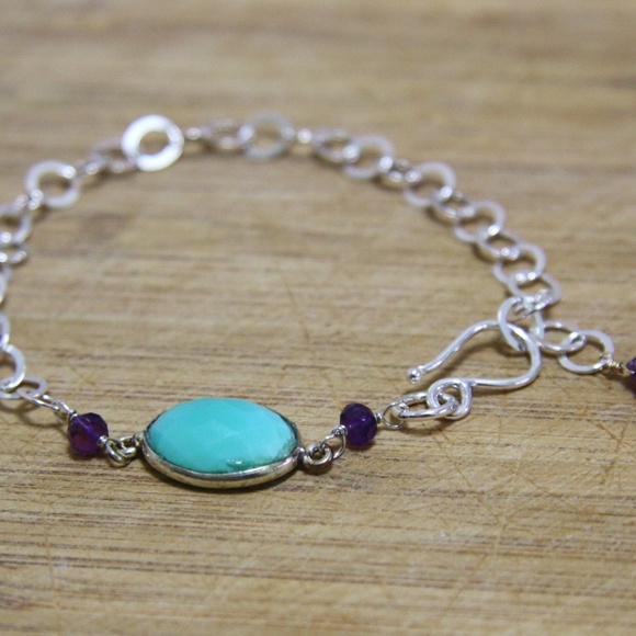 Natural Teal Chalcedony Amethyst Bracelet with Leaf Charm Solid Sterling Silver - Picture 5 of 7